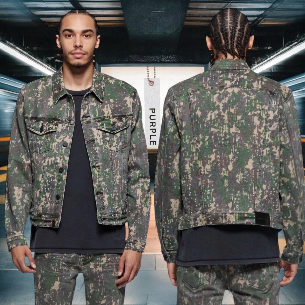 Purple Brand P024 Militaire Buckshot Trucker Jacket Green Camo Print M Medium